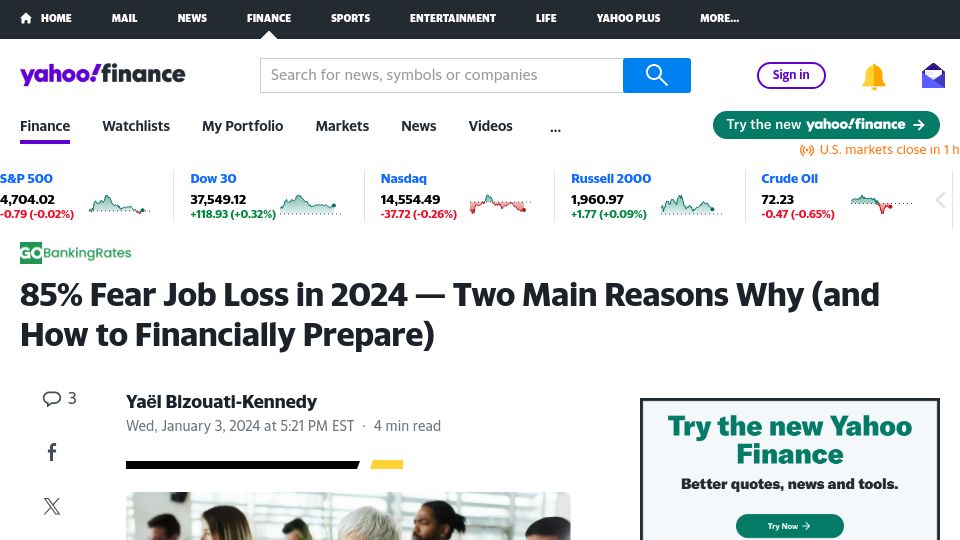 Screenshot of finance.yahoo.com: News85% of Americans Fear Job Loss in 2024