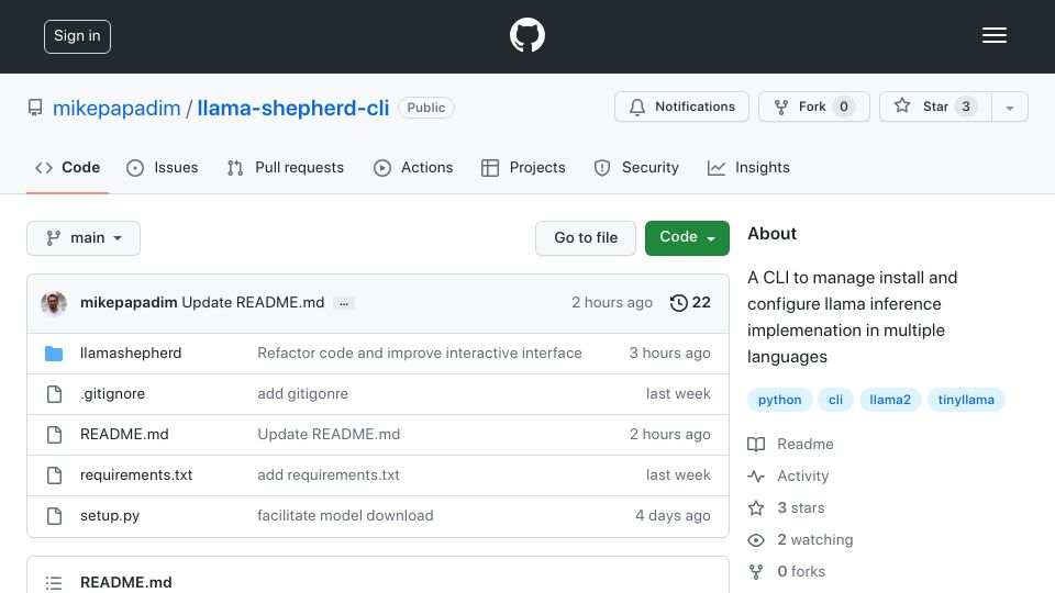 Screenshot of github.com: Llama2-shepherd a CLI tool to install multiple implementations of the llama2