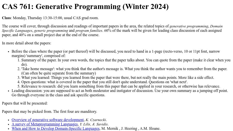 Screenshot of cas.mcmaster.ca: CAS 761: Generative Programming (Winter 2024)