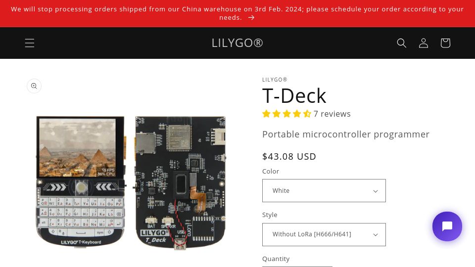 Screenshot of lilygo.cc: Lilygo T-Deck: 2.8-inch IPS LCD display, mini keyboard, and ESP32 processor