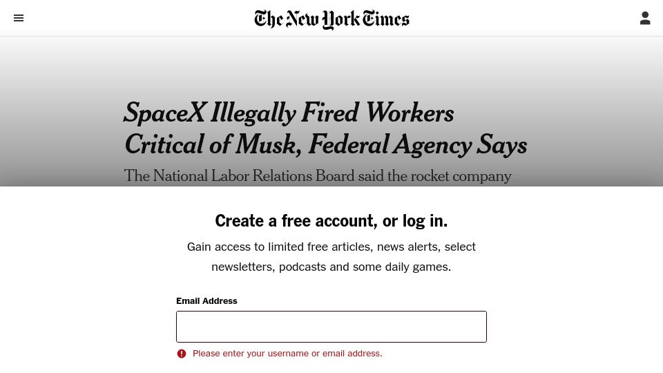 Screenshot of nytimes.com: SpaceX Illegally Fired Workers Critical of Musk, Federal Agency Says