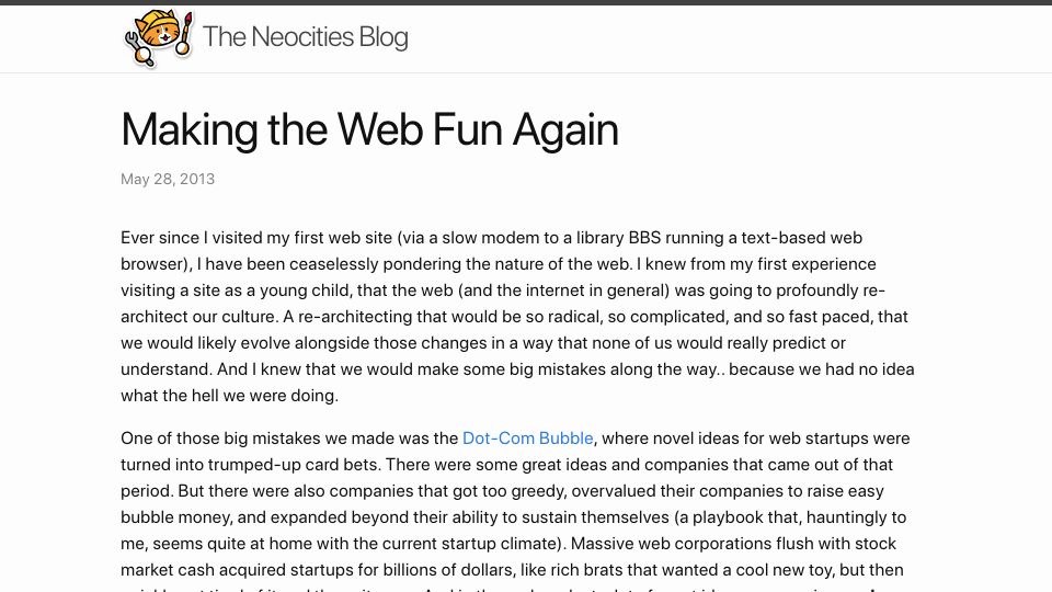 Screenshot of blog.neocities.org: Making the web fun again (2013)