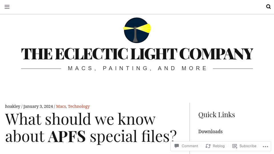 Screenshot of eclecticlight.co: What should we know about APFS special files?