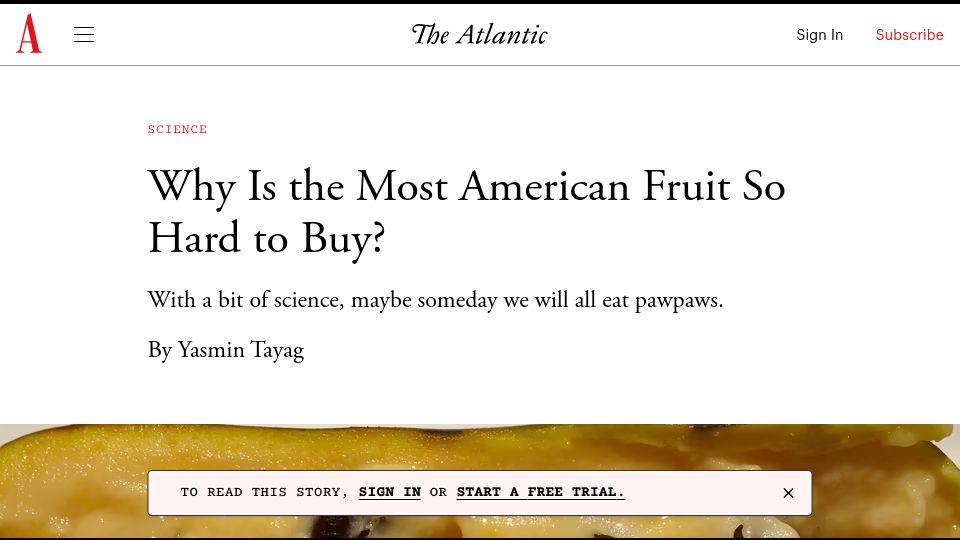 Screenshot of theatlantic.com: Why don't grocery stores stock pawpaw fruit?