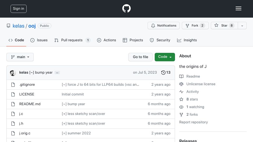 Screenshot of github.com: Origins of J