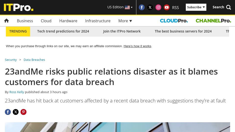Screenshot of itpro.com: 23andMe risks public relations disaster as it blames customers for data breach