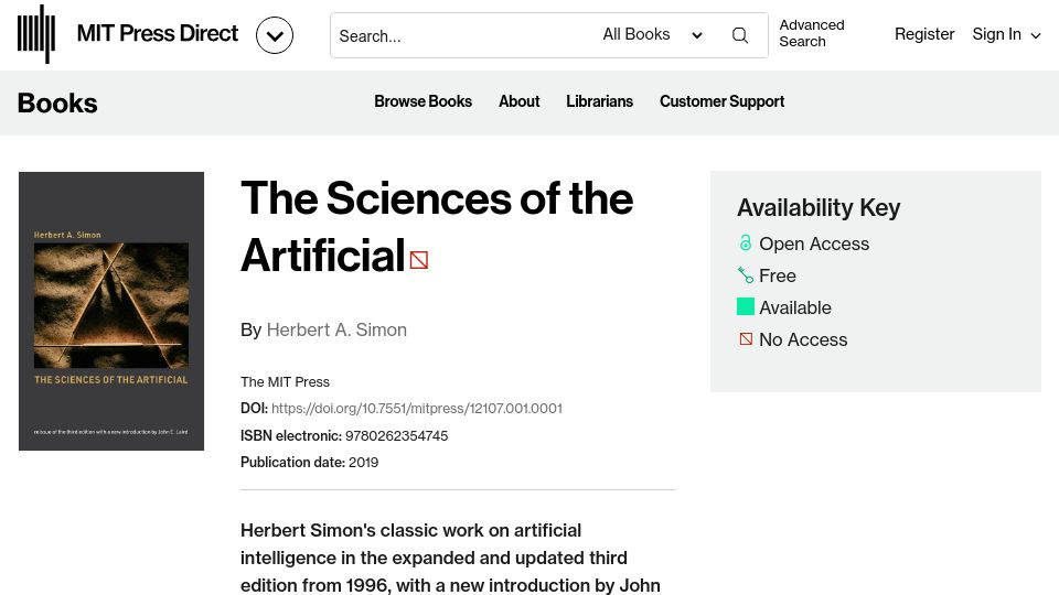 Screenshot of direct.mit.edu: The Sciences of the Artificial by Herbert Simon