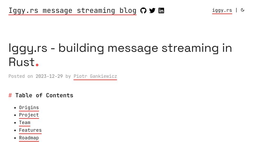 Screenshot of blog.iggy.rs: Iggy.rs – building message streaming in Rust