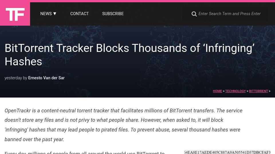 Screenshot of torrentfreak.com: BitTorrent Tracker Blocks 'Infringing' Hashes