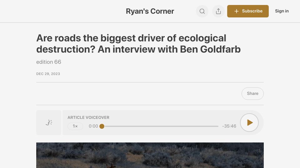 Screenshot of ryanblakeley.net: Are roads the biggest driver of ecological destruction?