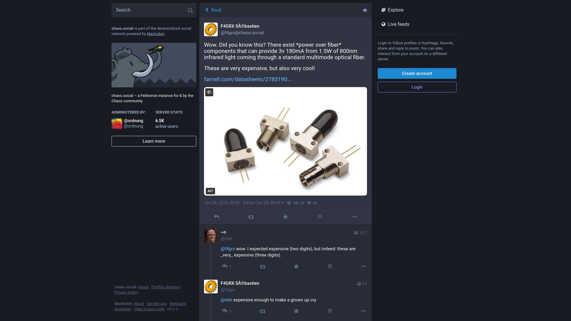 Screenshot of chaos.social: Power over fiber