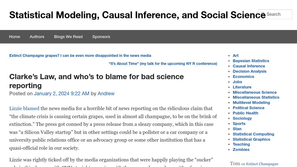 Screenshot of statmodeling.stat.columbia.edu: Clarke's Law, and who's to blame for bad science reporting