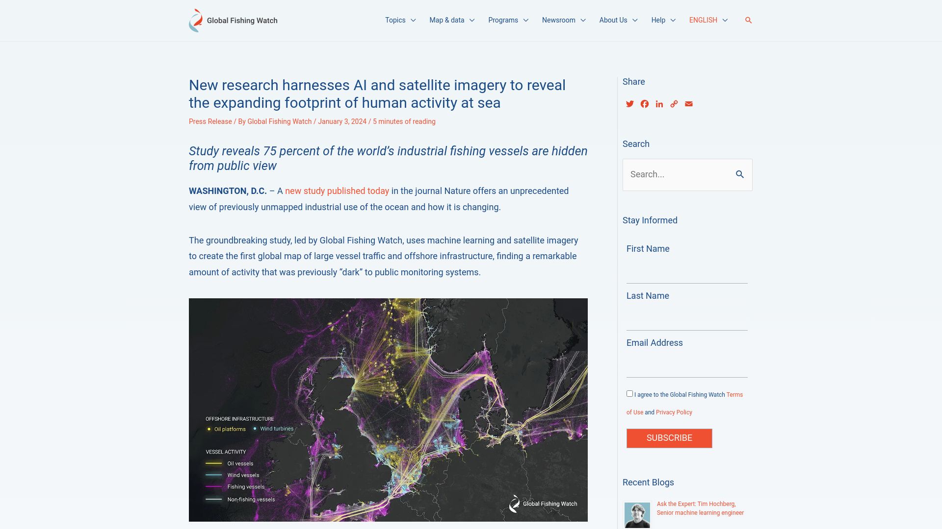 Screenshot of globalfishingwatch.org: AI and satellite imagery reveals expanding footprint of human activity at sea