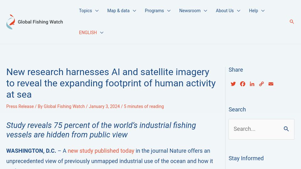 Screenshot of globalfishingwatch.org: AI and satellite imagery reveals expanding footprint of human activity at sea