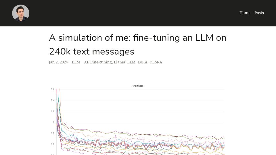 Screenshot of edwarddonner.com: A simulation of me: fine-tuning an LLM on 240k text messages