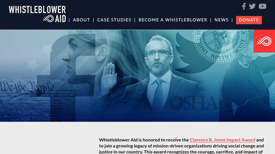 Screenshot of whistlebloweraid.org: Whistleblower Aid