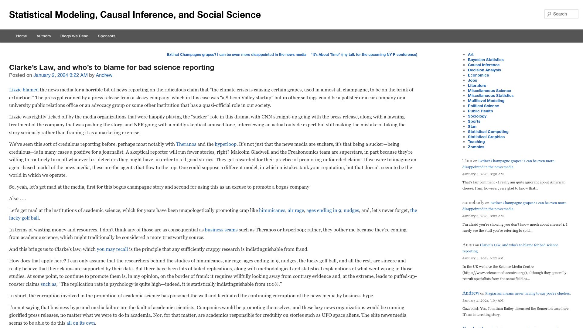 Screenshot of statmodeling.stat.columbia.edu: Clarke's Law, and who's to blame for bad science reporting