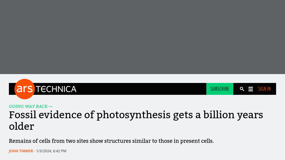 Screenshot of arstechnica.com: Fossil evidence of photosynthesis gets a billion years older