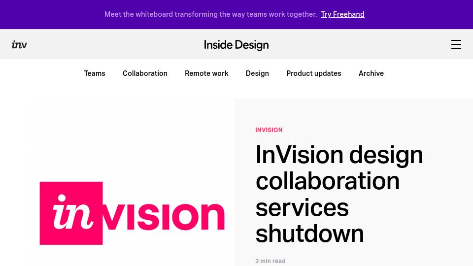 Screenshot of invisionapp.com: InVision design collaboration services shutdown