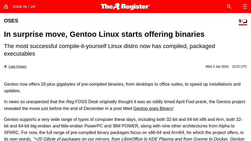 Screenshot of theregister.com: In surprise move, Gentoo Linux starts offering binaries