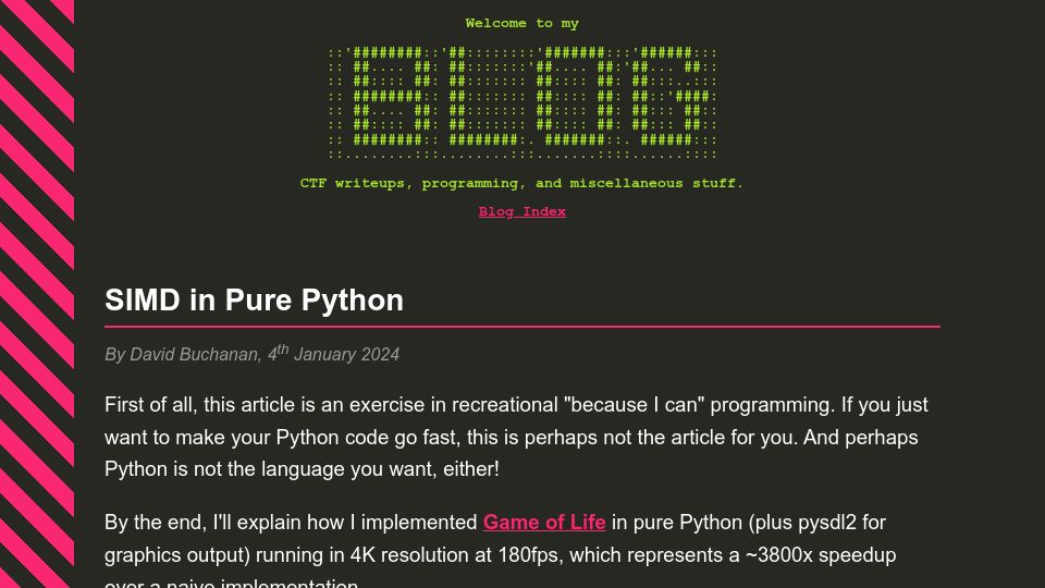 Screenshot of da.vidbuchanan.co.uk: SIMD in Pure Python