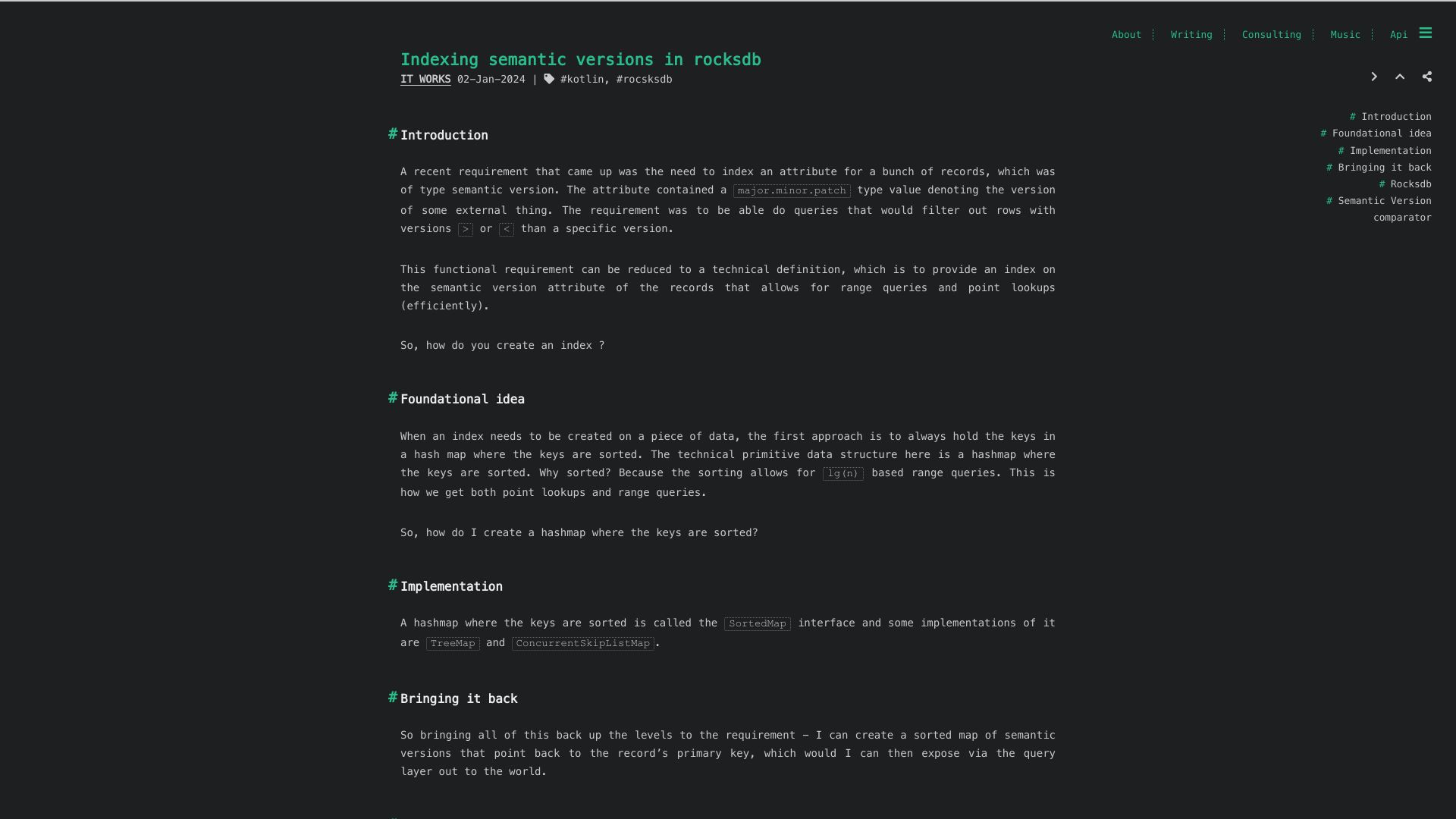 Screenshot of blog.aawadia.dev: Indexing semantic versions in RocksDB
