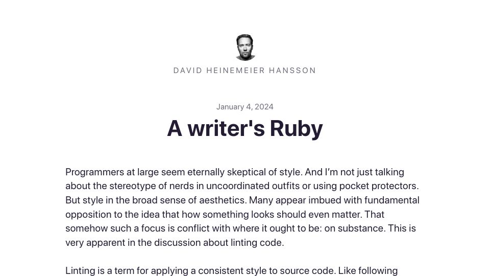 Screenshot of world.hey.com: A Writer's Ruby