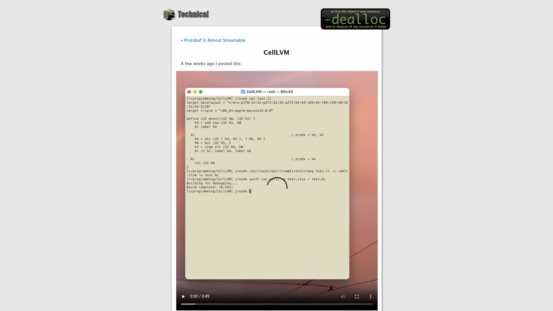 Screenshot of belkadan.com: CellLVM: LLVM to Excel spreadsheet compiler