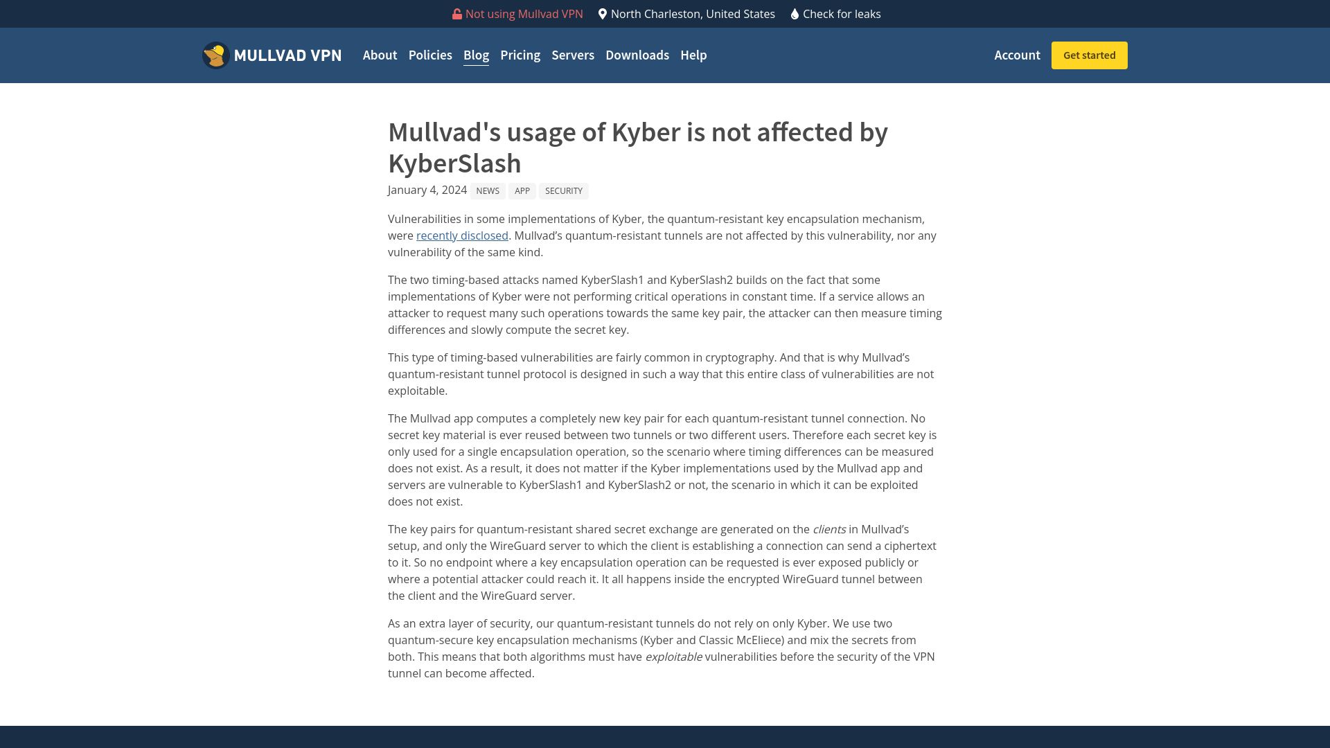 Screenshot of mullvad.net: Mullvad's usage of Kyber is not affected by KyberSlash