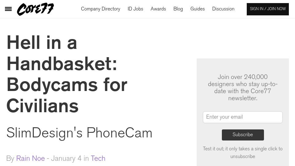 Screenshot of core77.com: Bodycams for civilians