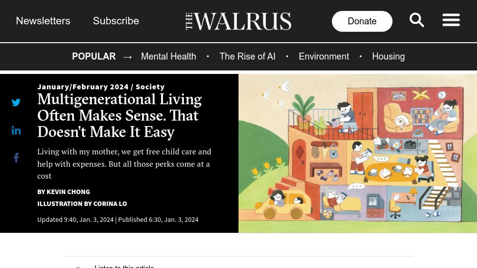 Screenshot of thewalrus.ca: Multigenerational Living Often Makes Sense. That Doesn't Make It Easy