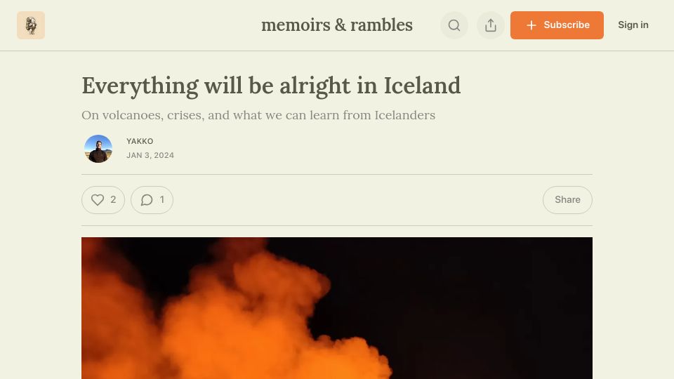 Screenshot of memoirsandrambles.substack.com: Everything will be alright in Iceland