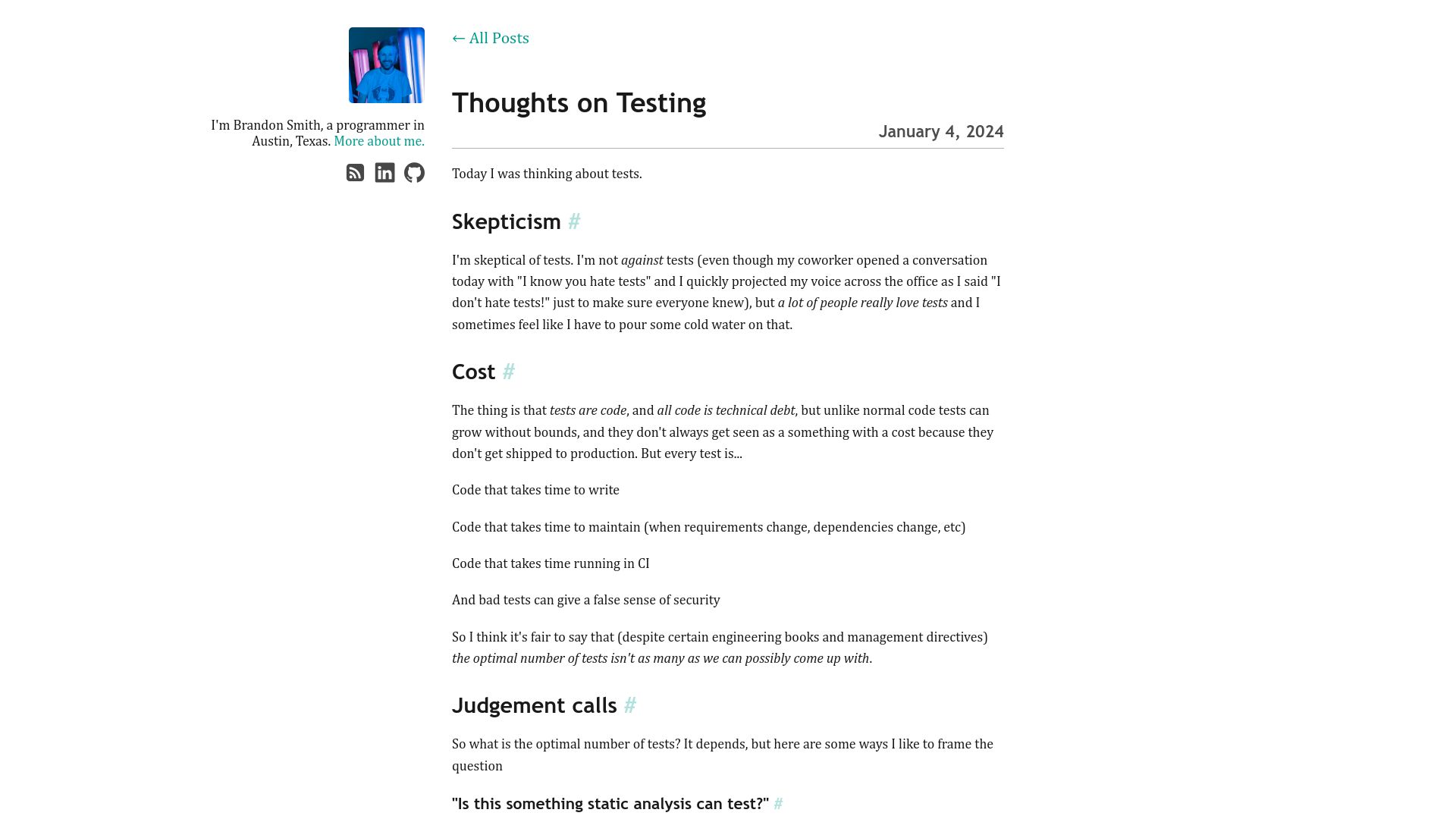 Screenshot of brandons.me: Thoughts on Testing