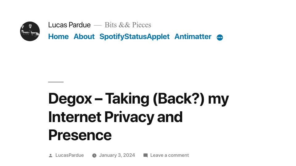 Screenshot of lucaspardue.com: Degox – Taking back my internet privacy and presence