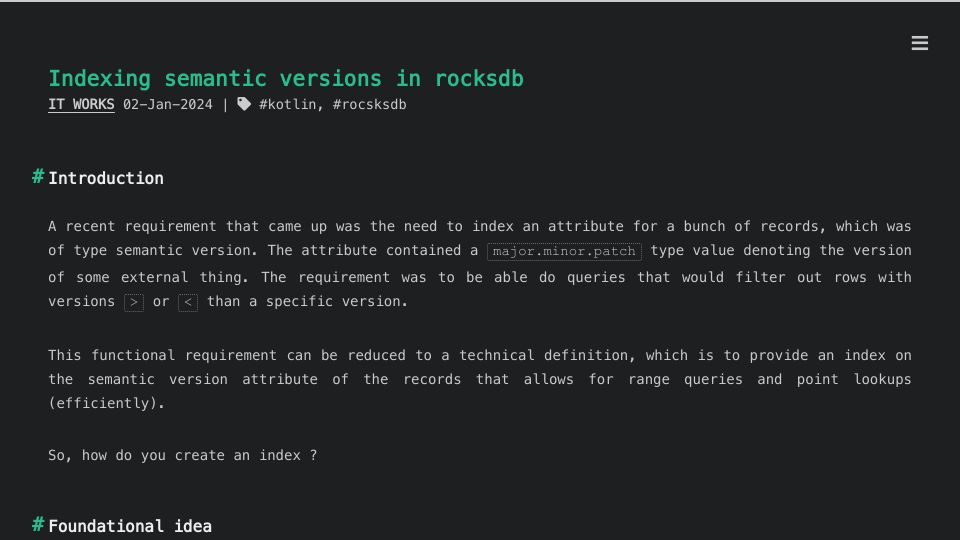 Screenshot of blog.aawadia.dev: Indexing semantic versions in RocksDB