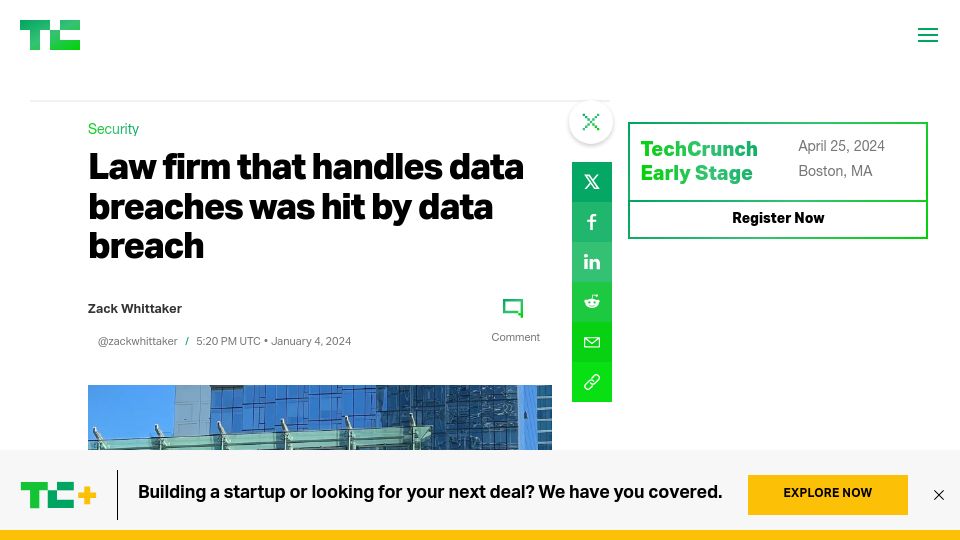 Screenshot of techcrunch.com: Law firm that handles data breaches was hit by data breach