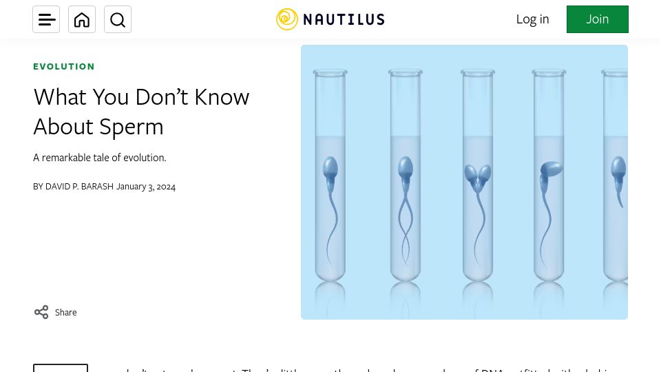 Screenshot of nautil.us: Human sperm cooperate on the competitive pathway to fertilization: study