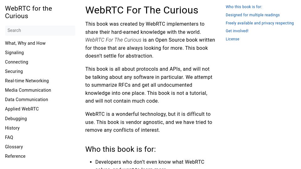 Screenshot of webrtcforthecurious.com: WebRTC for the Curious (2020)