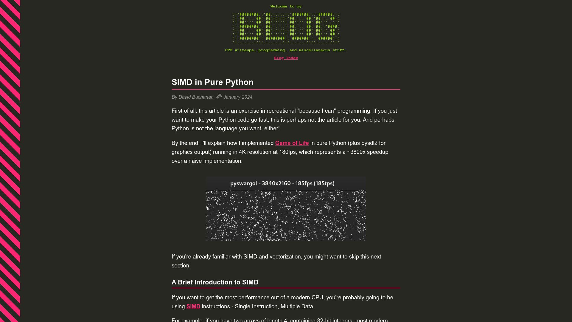 Screenshot of da.vidbuchanan.co.uk: SIMD in Pure Python