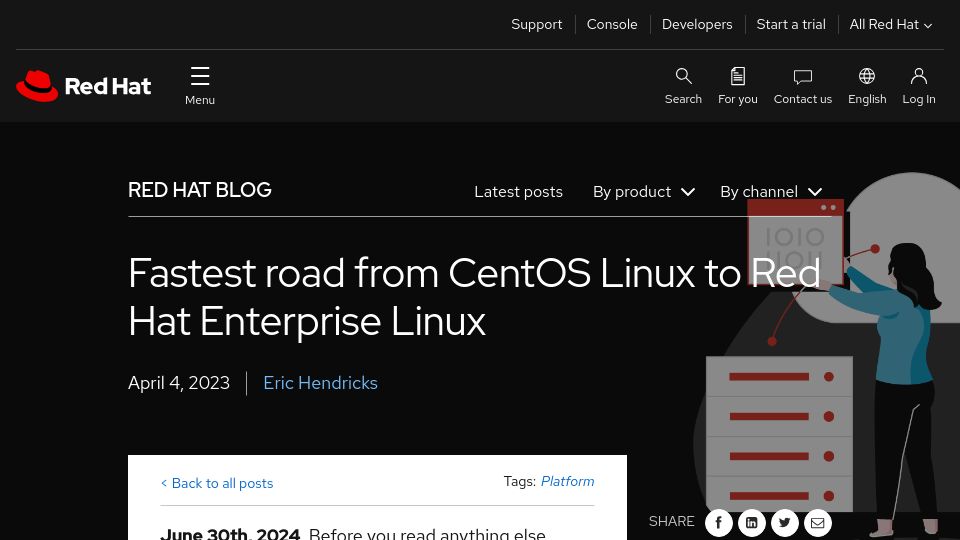 Screenshot of redhat.com: June 30th, 2024, will bring the End of Life (EOL) of CentOS Linux (2023)