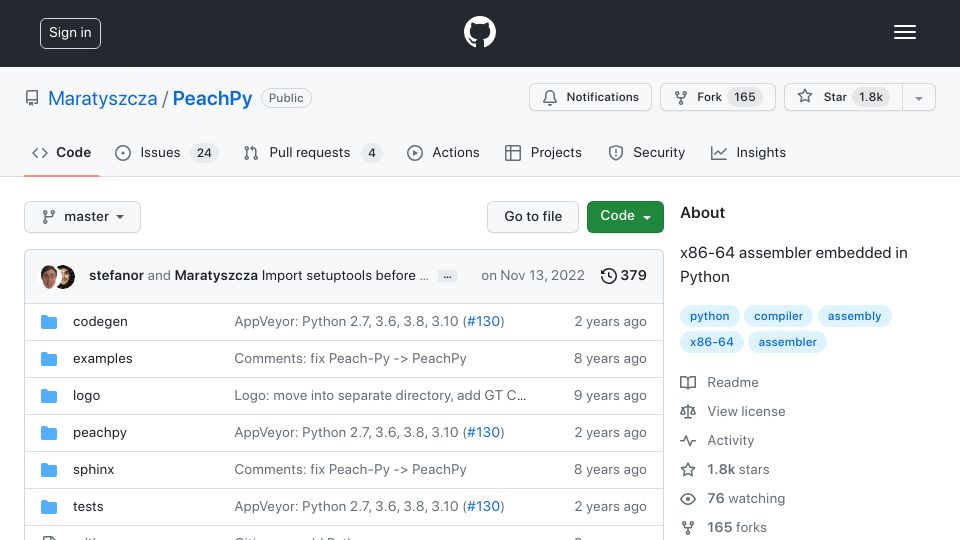 Screenshot of github.com: Portable Efficient Assembly Code-Generator in Higher-Level Python (PeachPy)