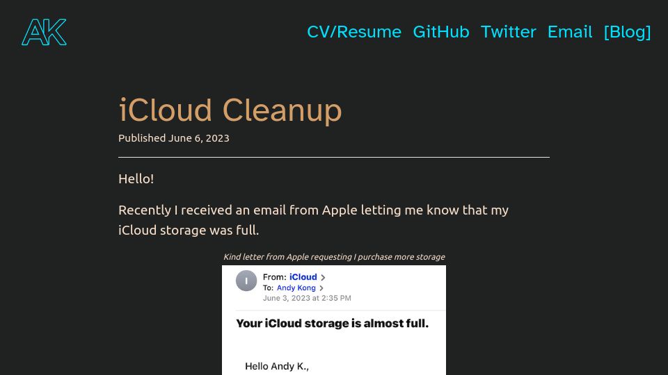 Screenshot of andykong.org: Cleaning up my 200GB iCloud with some JavaScript