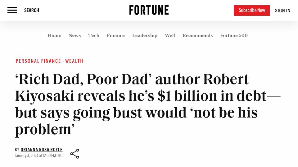 Screenshot of fortune.com: 'Rich Dad, Poor Dad' author Robert Kiyosaki reveals he's $1B in debt