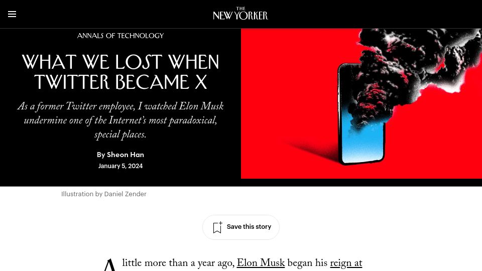 Screenshot of newyorker.com: What We Lost When Twitter Became X