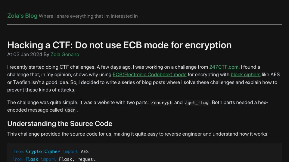 Screenshot of znano.eu.org: Hacking a CTF: Do not use ECB mode for encryption