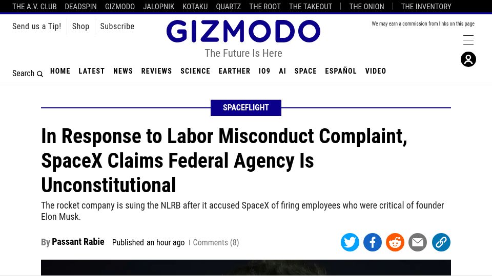 Screenshot of gizmodo.com: Labor Misconduct Complaint Response: SpaceX Claims Fed Agency Unconstitutional