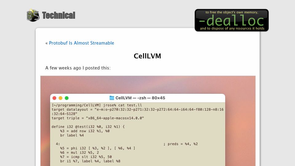 Screenshot of belkadan.com: CellLVM: A proof-of-concept LLVM to Excel spreadsheet compiler