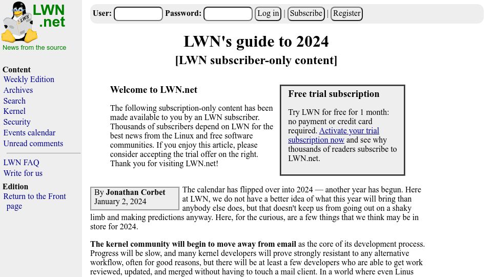 Screenshot of lwn.net: LWN's Guide to 2024
