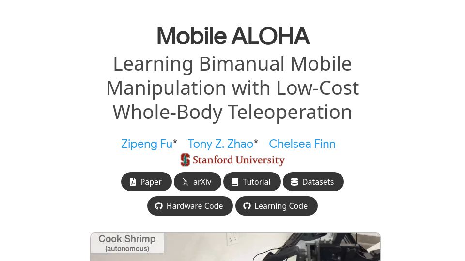 Screenshot of mobile-aloha.github.io: Learning bimanual mobile manipulation with low-cost whole-body teleoperation