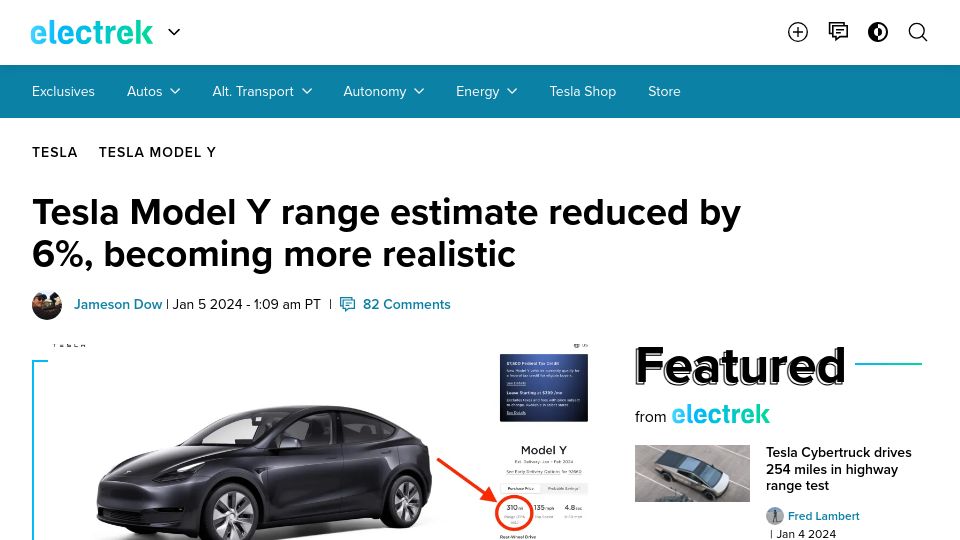 Screenshot of electrek.co: Tesla Model Y range estimate reduced by 6%, becoming more realistic